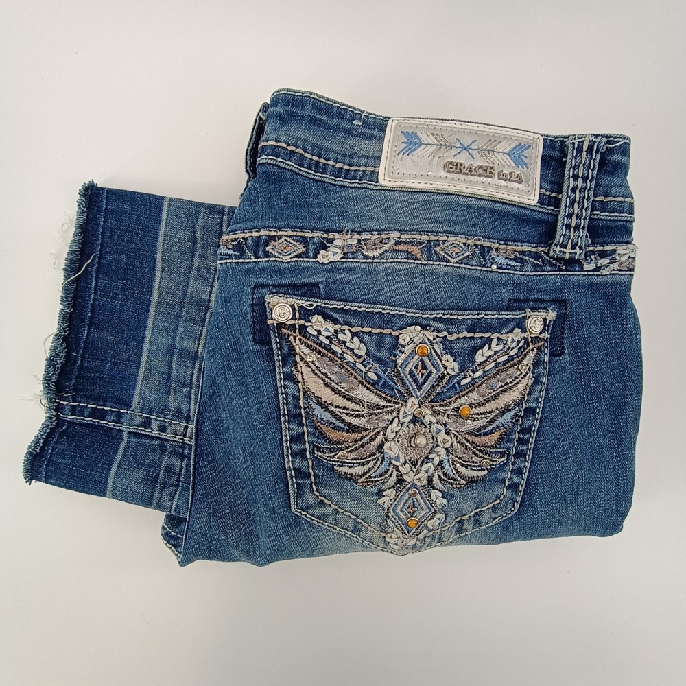 Grace In LA Embroidered Distressed Cropped Jeans Women Size 29 Y2K Western